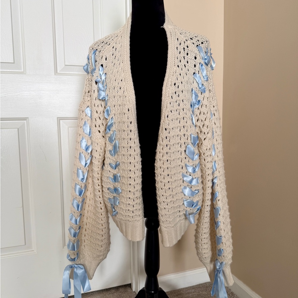 Altar’d State Cream Open Knit Cardigan Blue Ribbon Lace-Up Boho - Picture 2 of 7